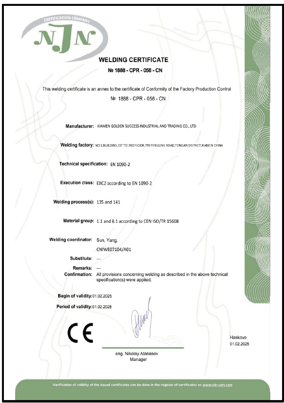 EN 1090 Welding Certificate No 1888-CPR-056-CN — Unity Electro Pte Ltd
